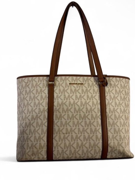 Michael Kors Handbags - Michael Kors Beige Logo Canvas Tote with Brown Trim